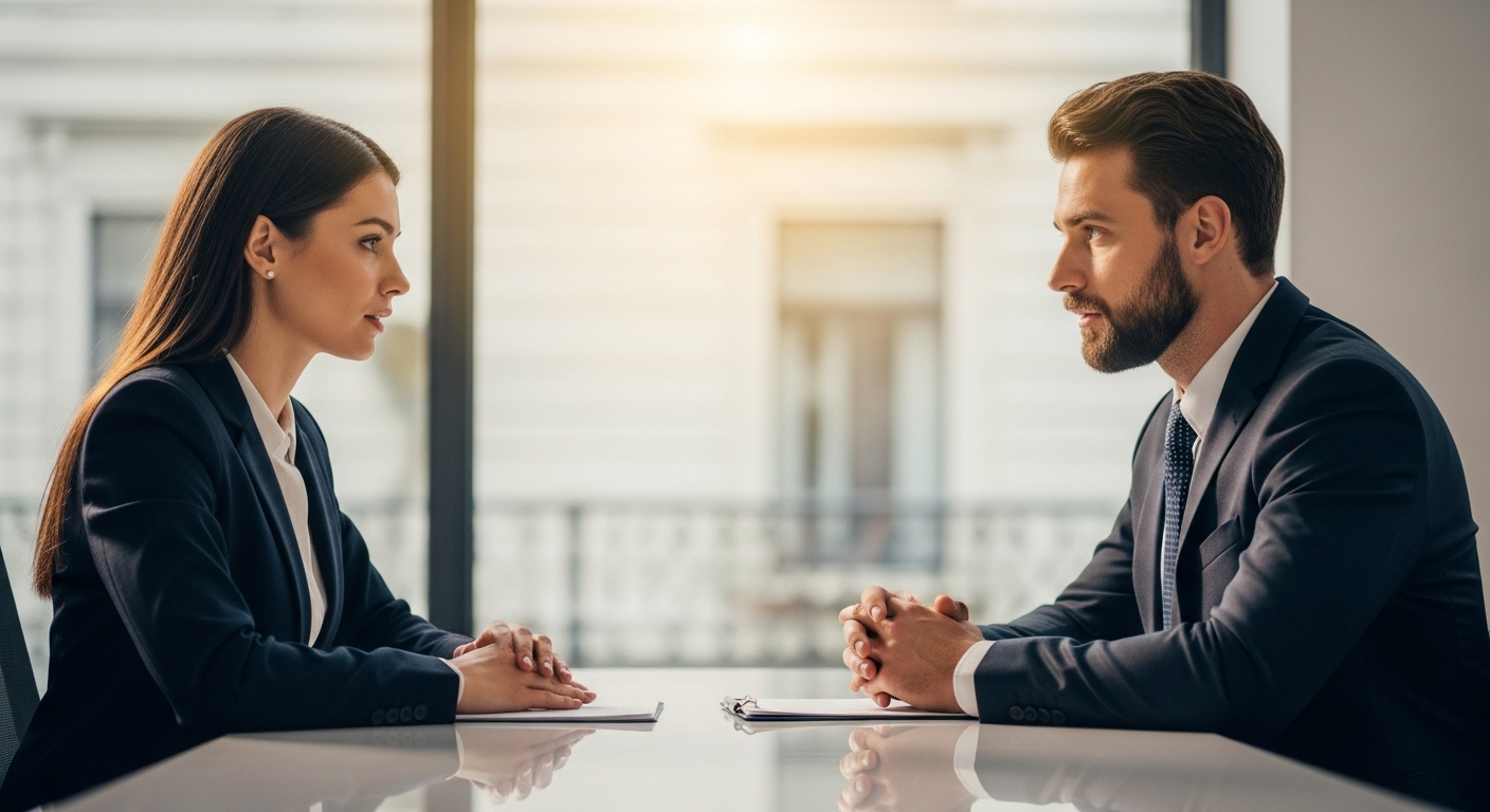 Hai chuyên gia trong trang phục công sở đang tập trung thảo luận tại bàn văn phòng hiện đại, có thể là về các chiến lược trả lời câu hỏi phỏng vấn tiếng Nhật.