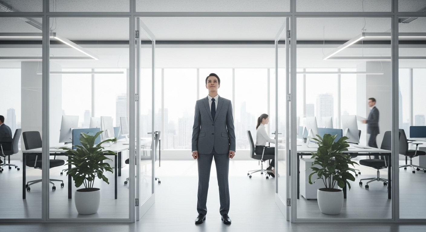 Người chuyên nghiệp đầy khát vọng, tự tin bước vào văn phòng hiện đại, mở ra cơ hội nghề nghiệp nhờ việc thành thạo các câu hỏi phỏng vấn bằng tiếng Anh.