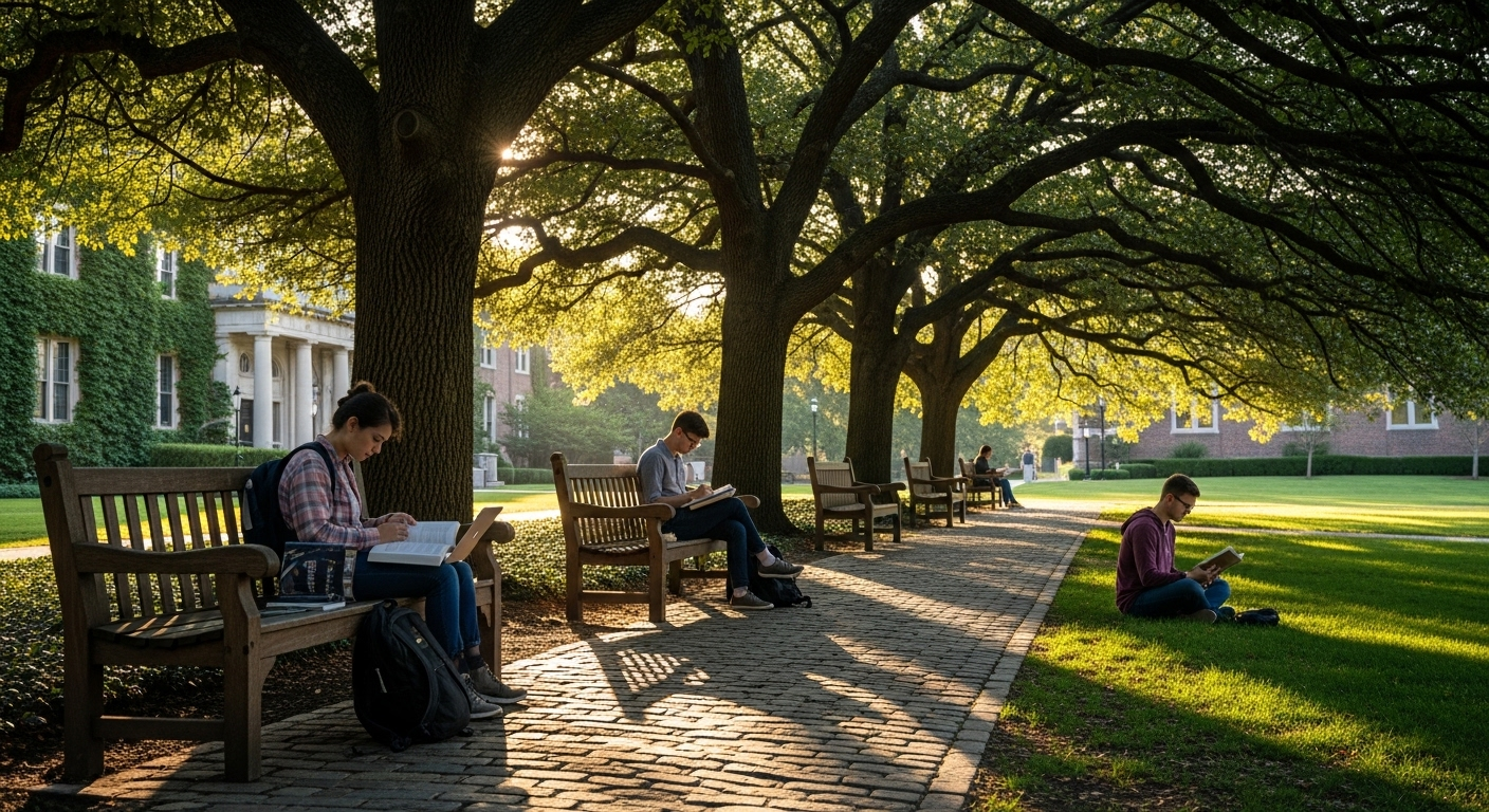 Khu học tập ngoài trời thanh bình tại khuôn viên trường đại học top 1 Hà Nội, nơi sinh viên đọc sách dưới tán cây và ánh nắng dịu nhẹ. Khu học tập ngoài trời thanh bình tại khuôn viên trường đại học top 1 Hà Nội, nơi sinh viên đọc sách dưới tán cây và ánh nắng dịu nhẹ.