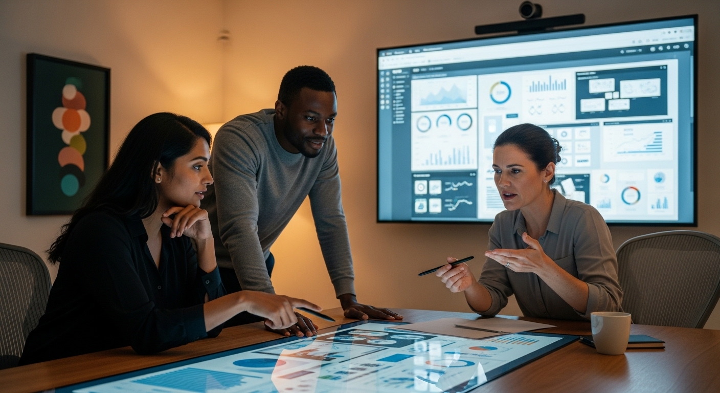 Ba chuyên gia đang tập trung xem xét dữ liệu trên màn hình lớn trong phòng họp hiện đại, thảo luận chiến lược về cách tối ưu hóa 10 câu hỏi phỏng vấn thường gặp và cách trả lời hiệu quả.