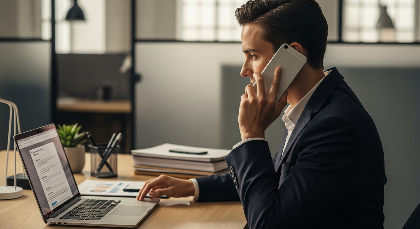 Chuyên gia gọi điện thoại trong văn phòng hiện đại, tập trung xử lý các tác vụ tuyển dụng, bao gồm cả câu hỏi phỏng vấn cho nhà tuyển dụng hiệu quả.