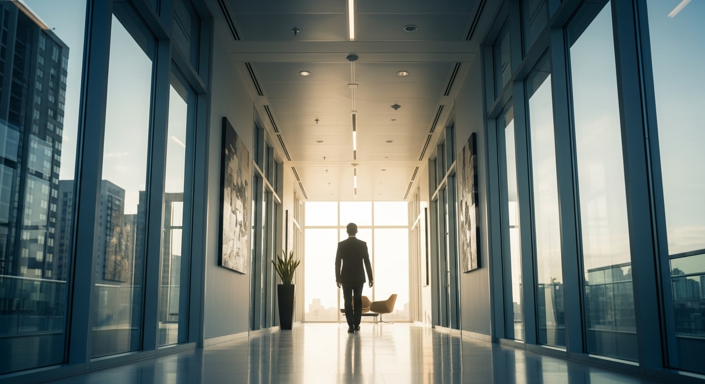 Hành lang văn phòng hiện đại, một người mặc đồ công sở tự tin bước đi về phía ánh sáng, chuẩn bị cho cơ hội mới và những câu hỏi phỏng vấn xin việc.