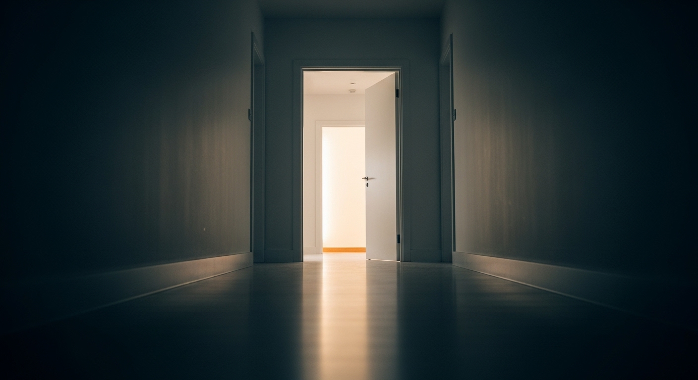 Hành lang tối giản dẫn đến cánh cửa mở sáng, tượng trưng con đường sự nghiệp và cơ hội mới. Một hình ảnh gợi mở về câu hỏi phỏng vấn sinh viên mới ra trường.