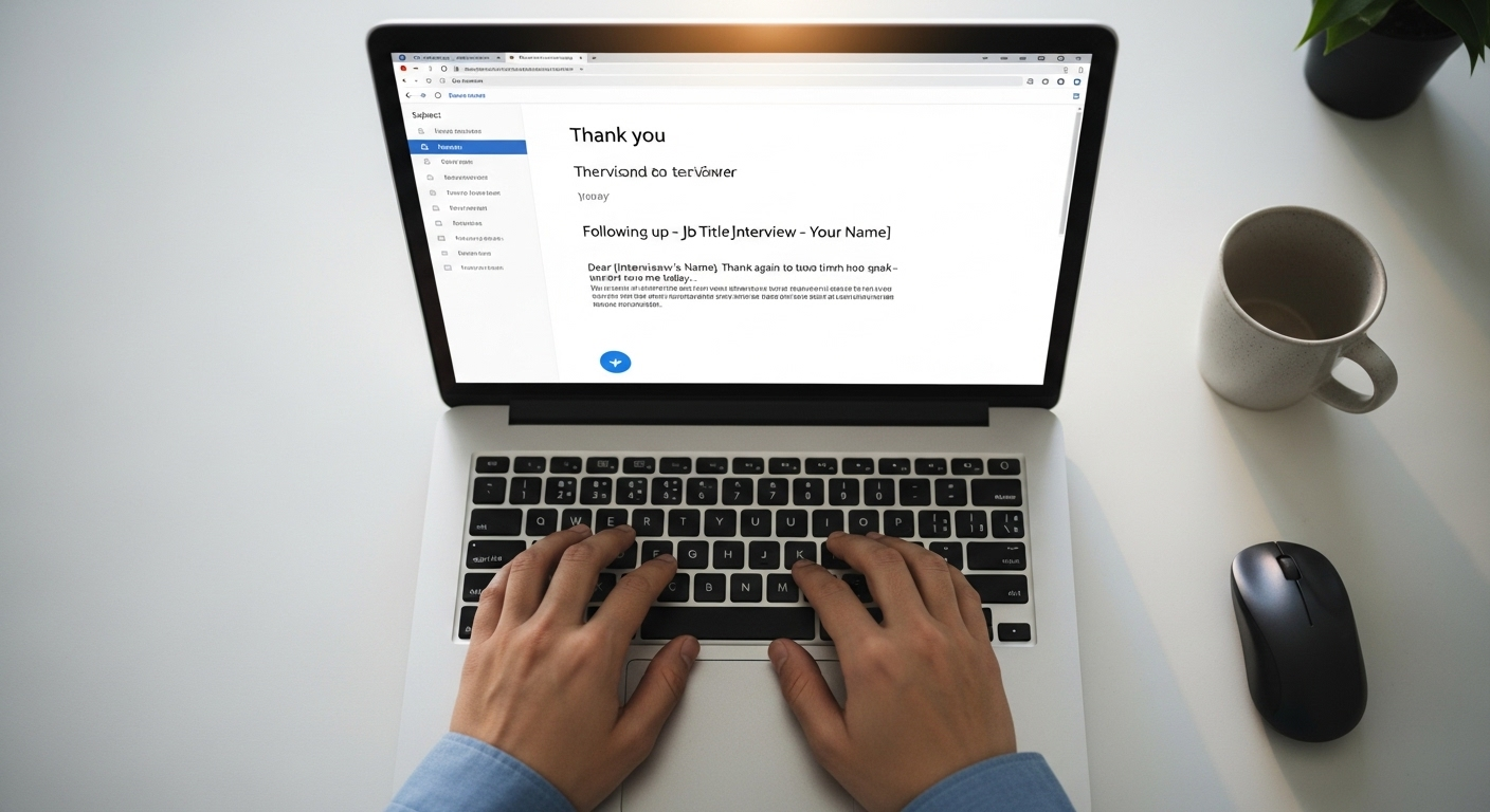 Tay gõ bàn phím laptop, màn hình hiển thị email cảm ơn chuyên nghiệp gửi nhà tuyển dụng sau khi đã trải qua các câu hỏi phỏng vấn xin việc.