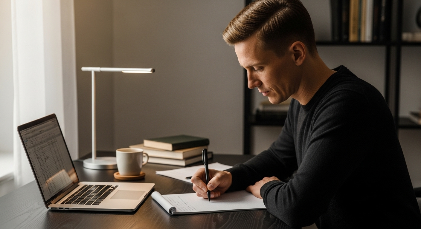 Chuyên gia đang ghi chú các câu hỏi phỏng vấn vào sổ tay trong văn phòng tại nhà gọn gàng, với laptop mở.