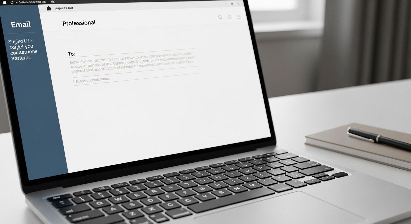 Màn hình laptop hiển thị bản nháp email chuyên nghiệp trên bàn làm việc gọn gàng, thể hiện giao tiếp theo dõi hiệu quả, một phần thiết yếu của Cách tự tin phỏng vấn. Màn hình laptop hiển thị bản nháp email chuyên nghiệp trên bàn làm việc gọn gàng, thể hiện giao tiếp theo dõi hiệu quả, một phần thiết yếu của Cách tự tin phỏng vấn.