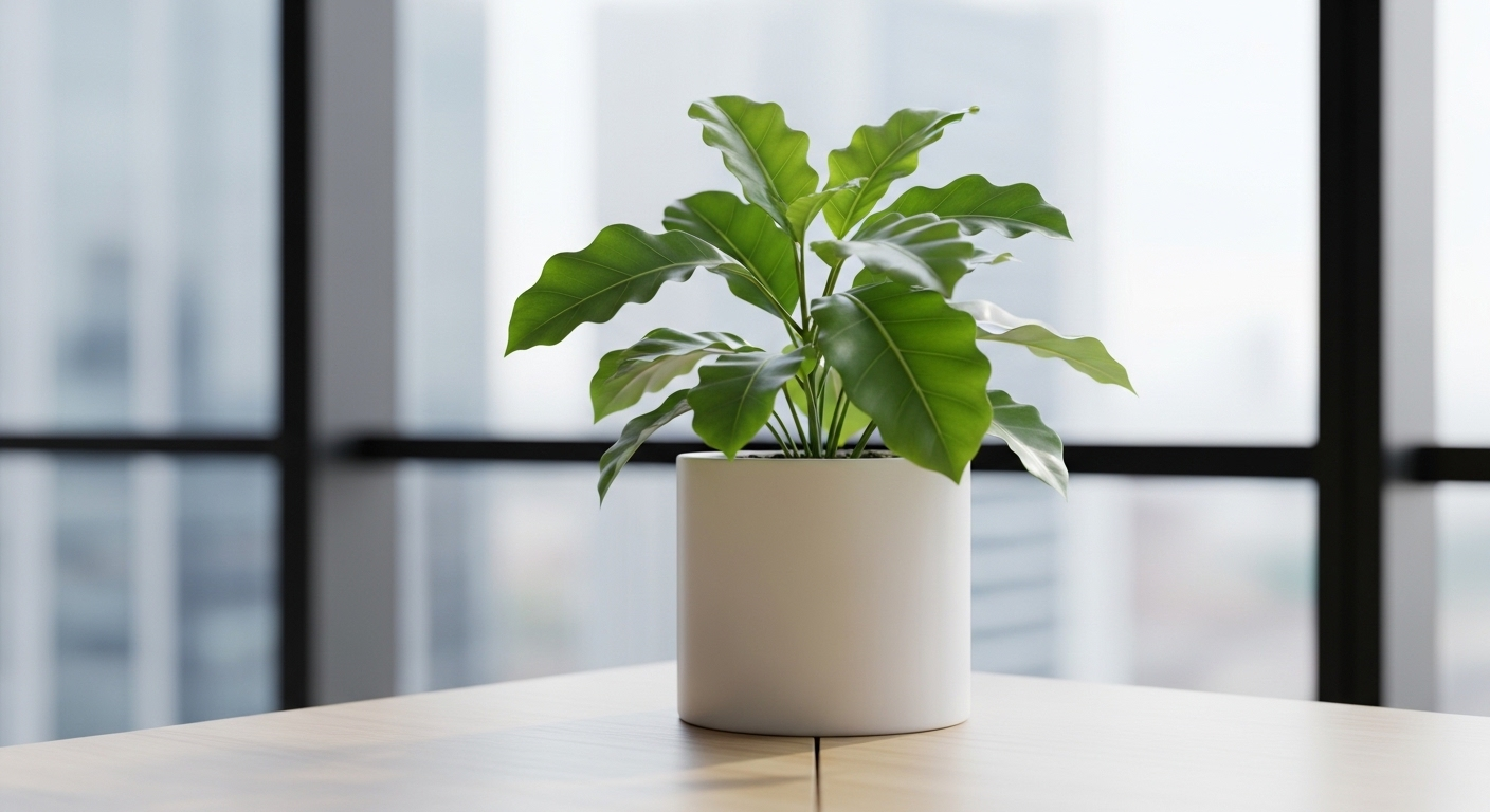 Cây xanh tươi mát trong chậu sứ trắng trên bàn làm việc sạch sẽ, một chi tiết tinh tế trong gói thư chào mừng nhân viên mới.