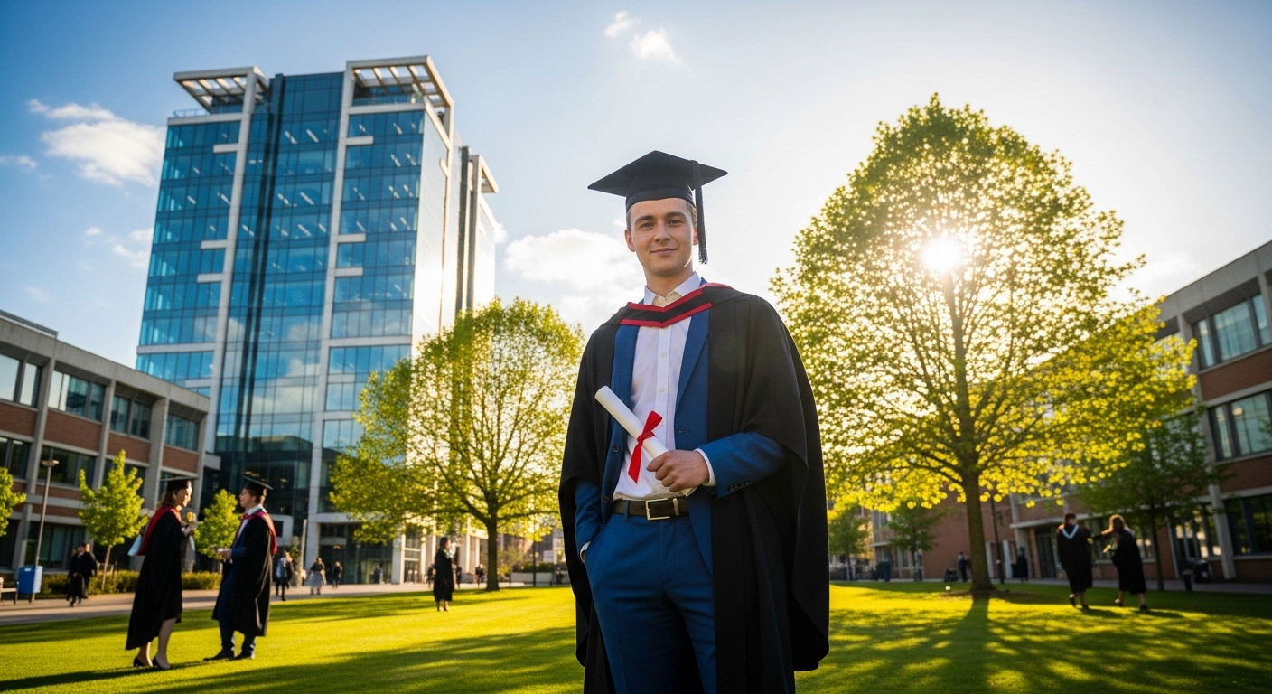 Cử nhân Luật mới tốt nghiệp tự tin trên sân trường, hướng tới tòa nhà văn phòng hiện đại, sẵn sàng đáp ứng nhu cầu tuyển dụng nhân lực ngành Luật.