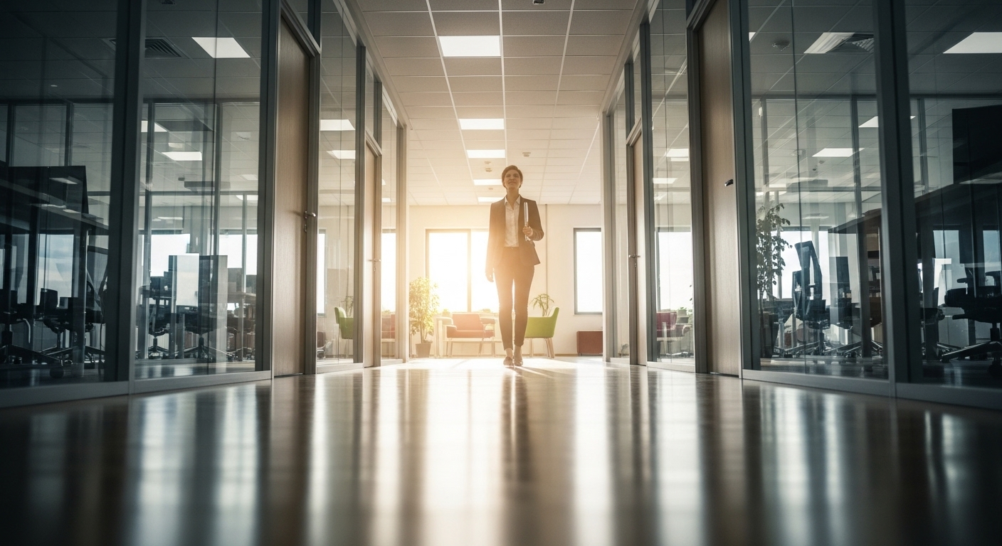 Một thực tập sinh nhân sự trẻ tự tin bước đi trong hành lang văn phòng hiện đại, sáng sủa với tường kính, hướng về lối ra tràn ngập ánh sáng.