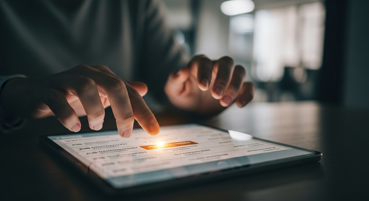 Cận cảnh tay xem thông báo tuyển dụng nhân sự trên máy tính bảng, một vị trí việc làm được làm nổi bật.