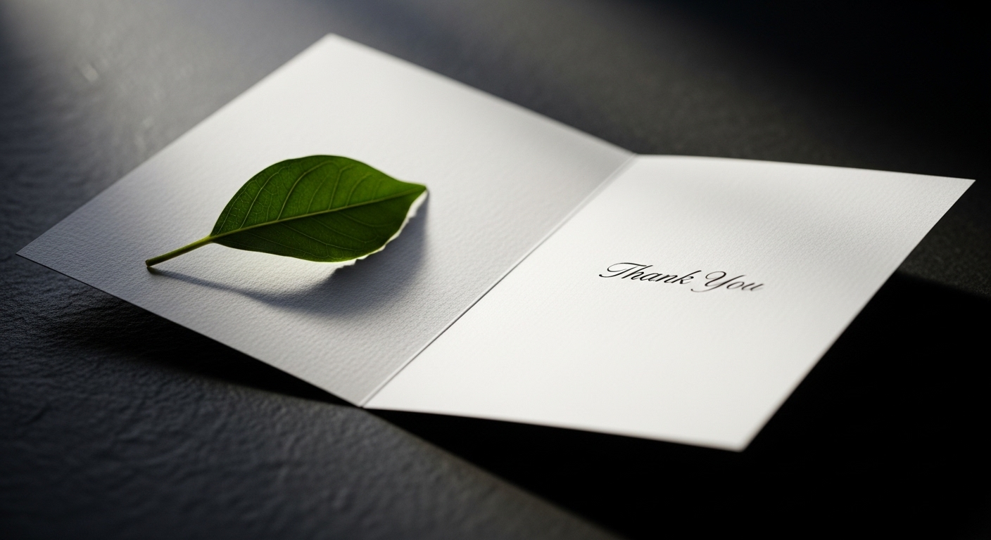 Thiệp cảm ơn màu trắng tinh tế, hé mở nội dung với font chữ thanh lịch và lá xanh tươi trên nền tối, tượng trưng cho sự chuyên nghiệp trong cách từ chối nhà tuyển dụng.