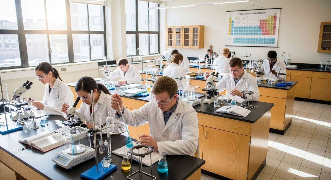 Phòng thí nghiệm khoa học hiện đại với sinh viên đeo kính bảo hộ thực hành thí nghiệm, minh họa môi trường học tập chất lượng tại các Top trường đại học ở Hà Nội.