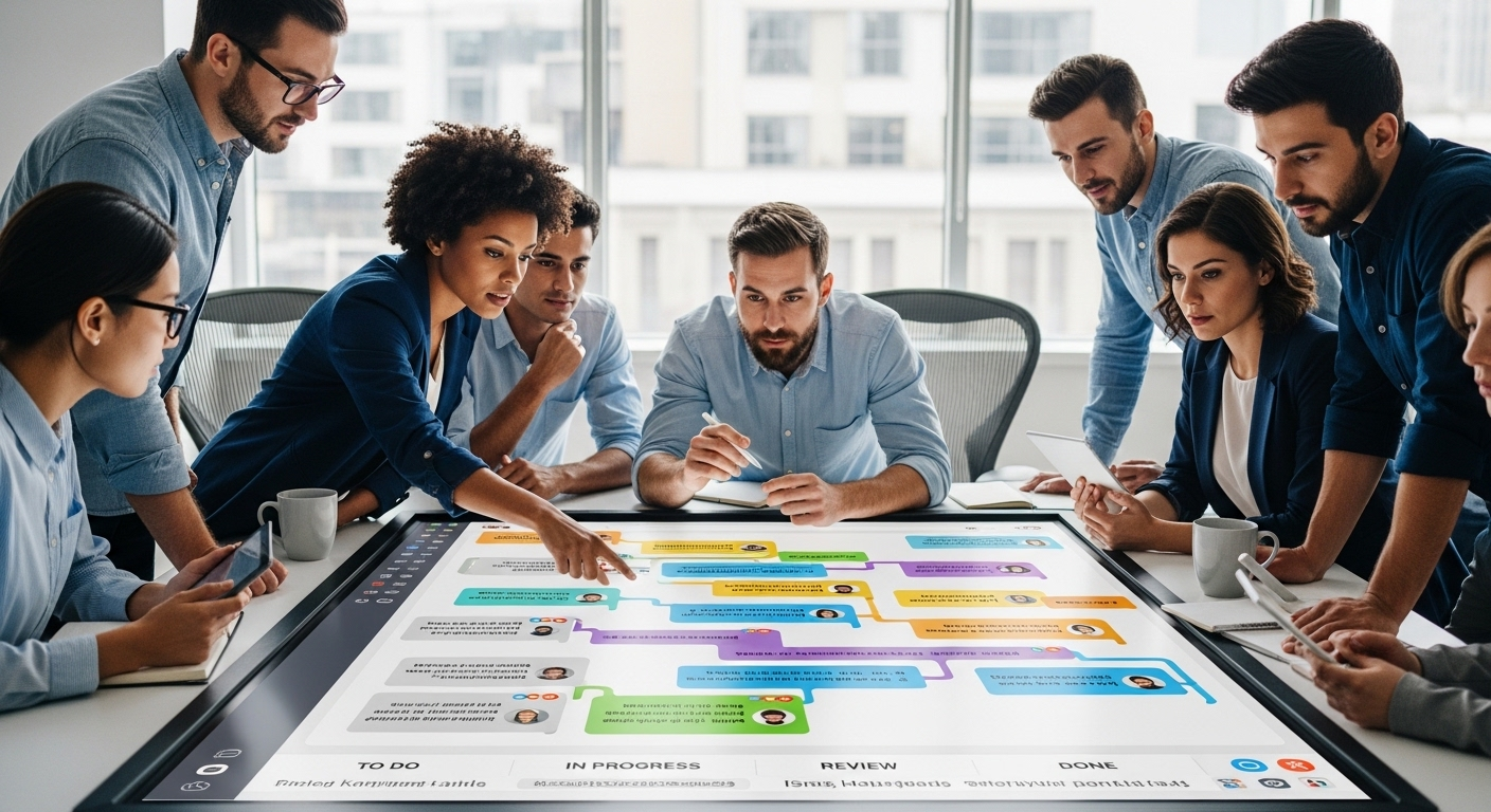 Nhóm chuyên gia đa dạng thảo luận tập trung quanh bảng Kanban kỹ thuật số trong văn phòng hiện đại, tối ưu hóa năng suất làm việc nhóm.