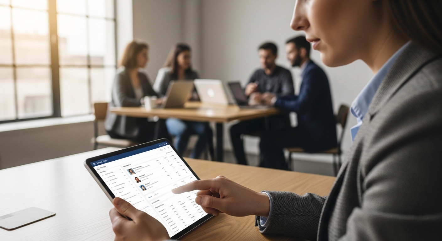 Một nhân viên kinh doanh chuyên nghiệp đang dùng máy tính bảng hiển thị phần mềm CRM với dữ liệu khách hàng trong không gian làm việc chung hiện đại, minh họa rõ nét nhân viên kinh doanh là gì trong kỷ nguyên số.
