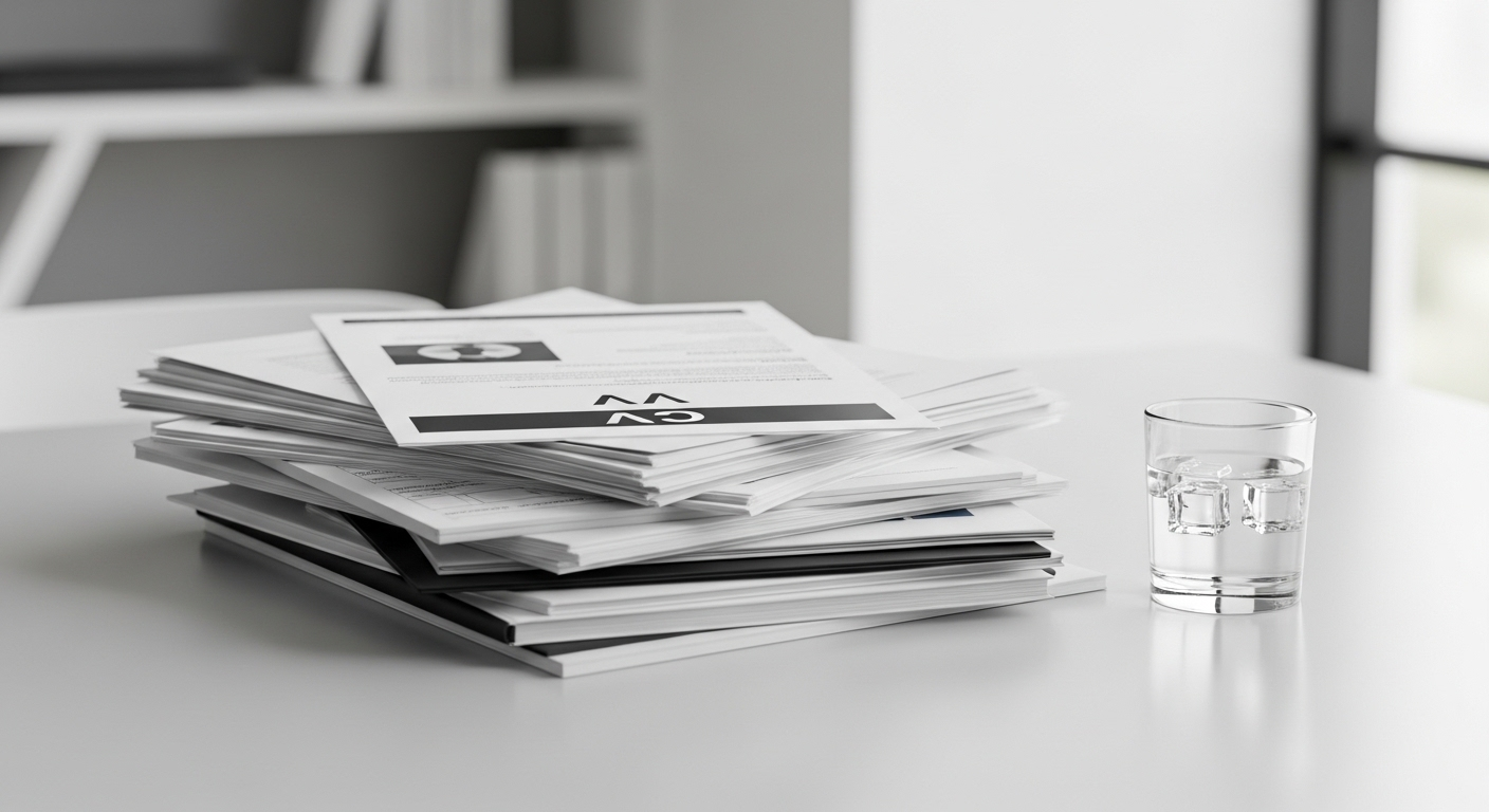Bàn làm việc tối giản với tài liệu chuyên nghiệp, bản in CV và ly nước, thể hiện sự chuẩn bị kỹ lưỡng cho các câu hỏi phỏng vấn.