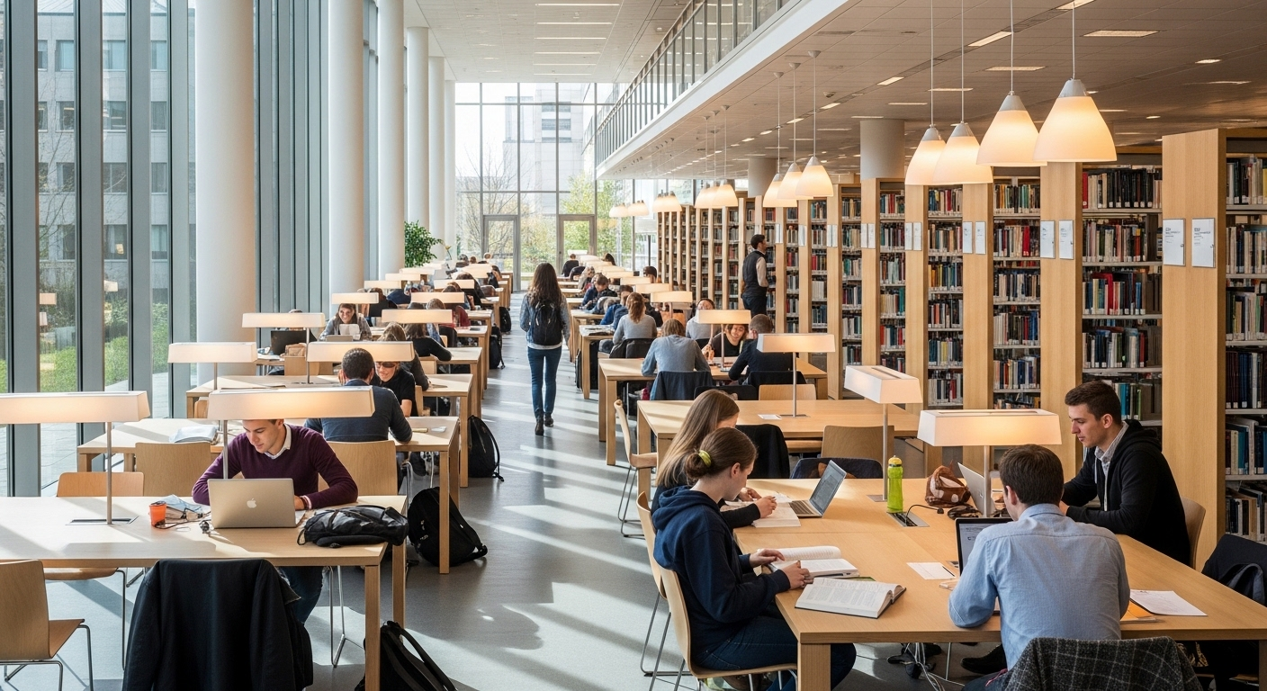 Thư viện đại học hiện đại, sáng sủa với sinh viên chăm chú học bài giữa các kệ sách, thể hiện môi trường lý tưởng của một trường Cao đẳng tốt nhất Hà Nội.