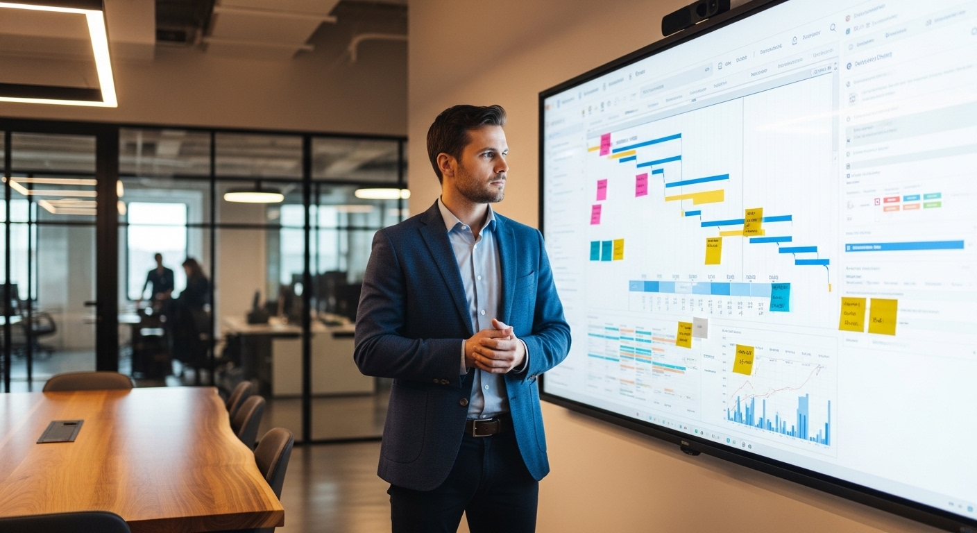 Một quản lý dự án đang chăm chú phân tích kế hoạch trên bảng kỹ thuật số, thể hiện tư duy chiến lược trong cách trả lời câu hỏi tình huống phỏng vấn.