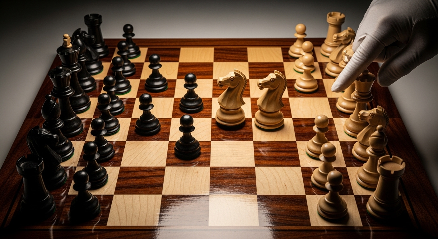 Ảnh chụp từ trên cao bàn cờ vua được sắp đặt tỉ mỉ, các quân cờ đang di chuyển gợi ý chiến lược phức tạp. Hình ảnh này phản ánh tư duy cần thiết để giải quyết hiệu quả các câu hỏi phỏng vấn khó.