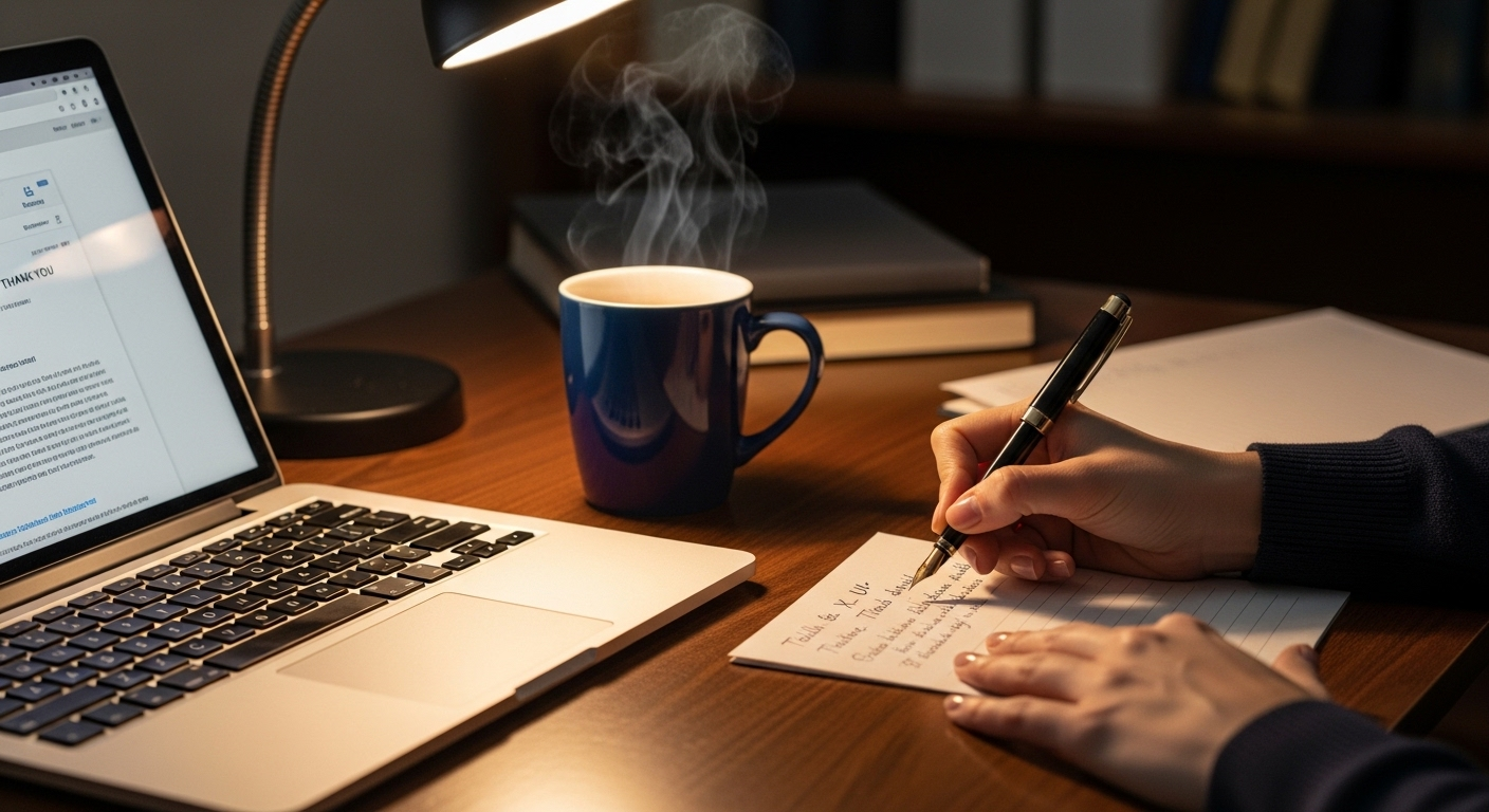 Đôi tay chuyên nghiệp viết thư cảm ơn trên văn phòng phẩm trang nhã, cạnh laptop và cốc nước nóng bốc hơi, suy ngẫm về câu hỏi phỏng vấn.