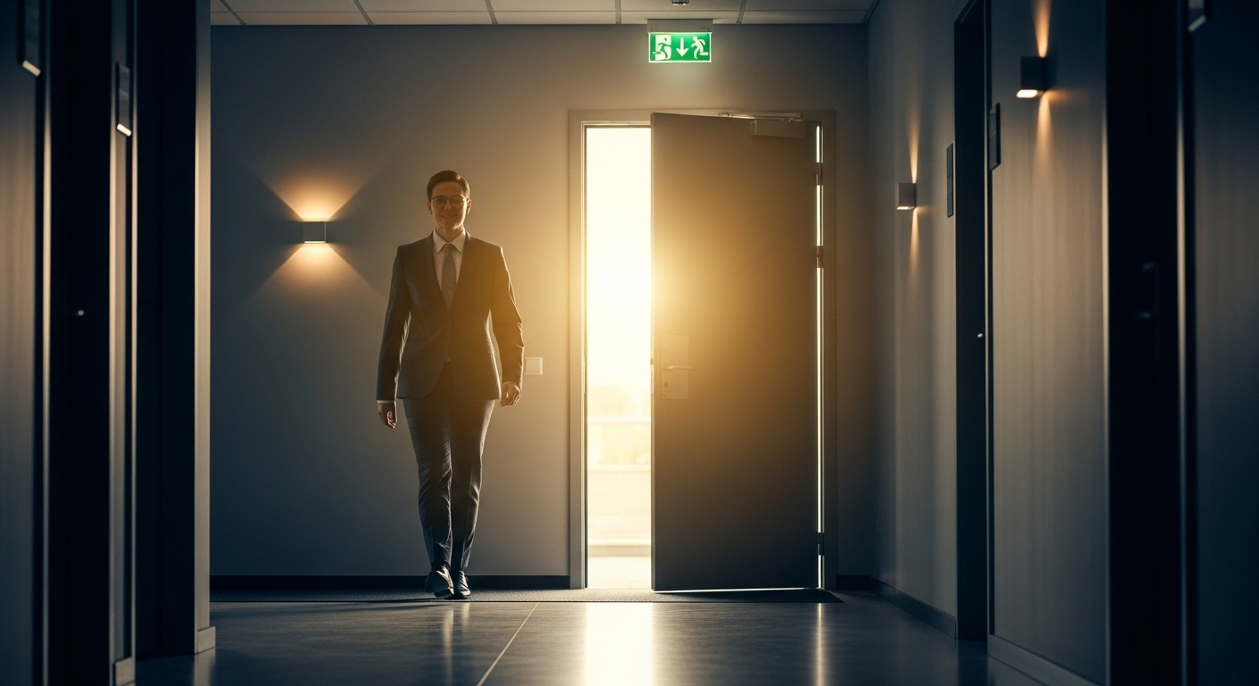 Người chuyên nghiệp tự tin sải bước vào văn phòng sáng sủa, thể hiện thành quả từ kinh nghiệm phỏng vấn thành công.