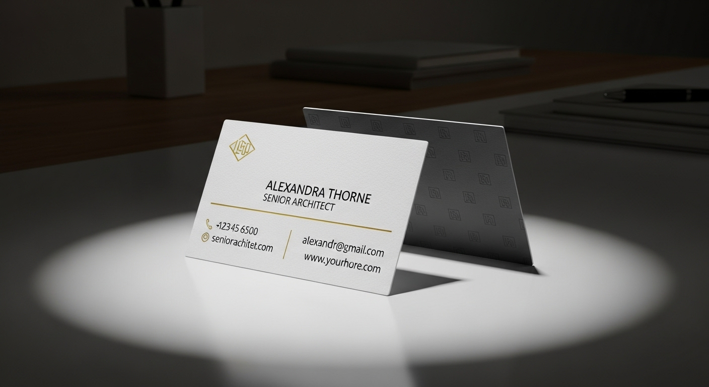Một danh thiếp chuyên nghiệp tinh tế trên nền trắng, nhấn mạnh tầm quan trọng của việc tự giới thiệu bản thân một cách ấn tượng, đặc biệt cần thiết khi tìm hiểu cách giới thiệu bản thân khi phỏng vấn hiệu quả.