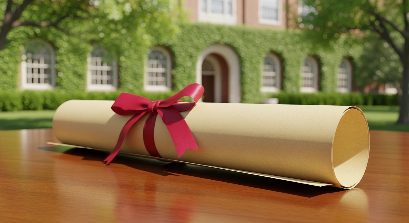 Văn bằng đại học cuộn tròn buộc nơ trên nền gỗ, hậu cảnh khuôn viên trường mờ, biểu tượng thành quả học tập tại các top trường đại học công lập Hà Nội.