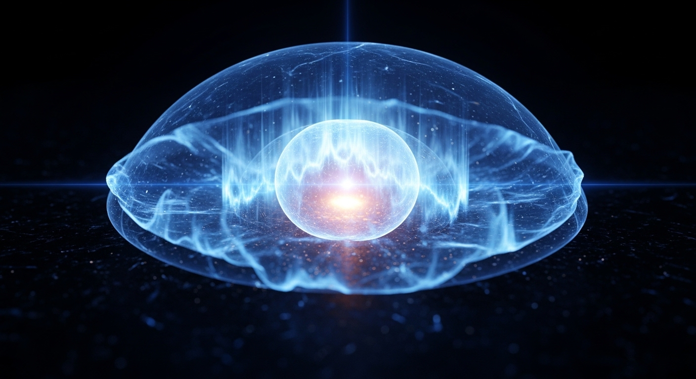 Trường năng lượng xanh lấp lánh bảo vệ lõi phát sáng, tượng trưng cho việc làm chủ các câu hỏi phỏng vấn Laravel cốt lõi.