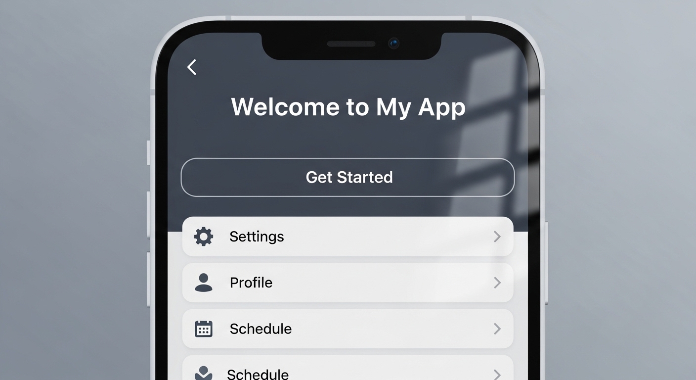 Giao diện ứng dụng React Native hiện đại trên smartphone, với FlatList chứa các mục rõ ràng và nút bấm, minh họa cấu trúc lý tưởng cho ứng dụng ôn tập câu hỏi phỏng vấn React Native.