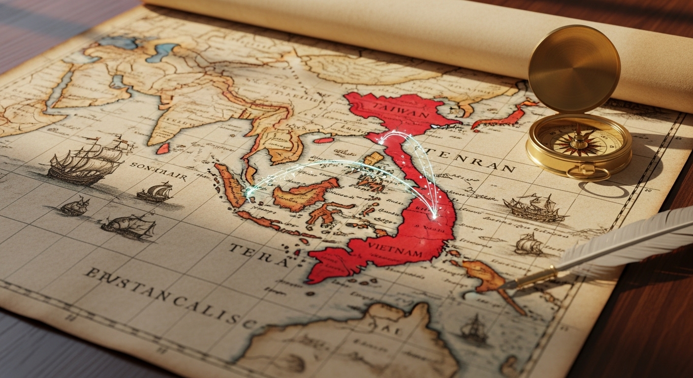 Bản đồ cổ chi tiết làm nổi bật Việt Nam và Đài Loan, với đường nối phát sáng tượng trưng cho mối liên kết mạnh mẽ, quan trọng cho xuất khẩu lao động Đài Loan.