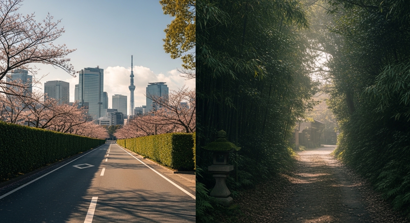 Phong cảnh Nhật Bản yên bình với hai con đường rẽ. Một đường sáng dẫn tới thành phố hiện đại, đường kia ẩn mình giữa cây xanh. Hình ảnh tượng trưng cho những lựa chọn và cơ hội, như tìm hiểu về xuất khẩu lao động Nhật Bản 2025.