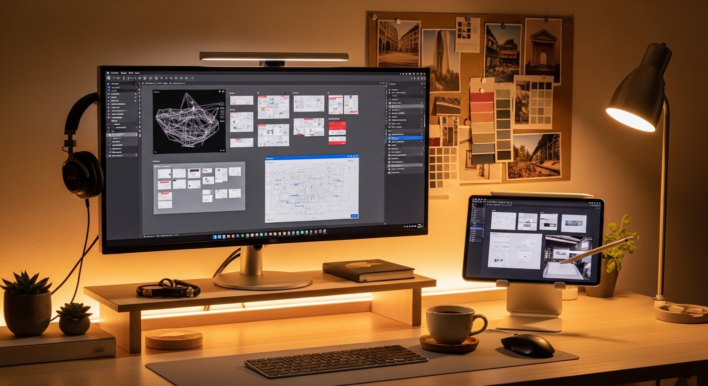 Bàn làm việc thiết kế chuyên nghiệp với màn hình hiển thị wireframe và mood board, minh họa maket là gì trong quy trình sáng tạo sản phẩm.