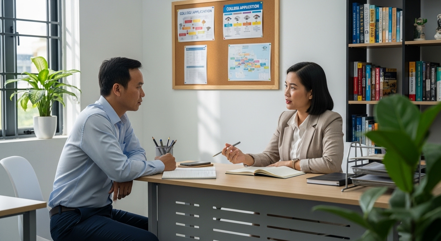 Phụ huynh và giáo viên trường THPT tại Hà Nội trao đổi tập trung trong văn phòng tư vấn, thảo luận về định hướng giáo dục và tầm quan trọng của việc chọn trường THPT tốt nhất Hà Nội.