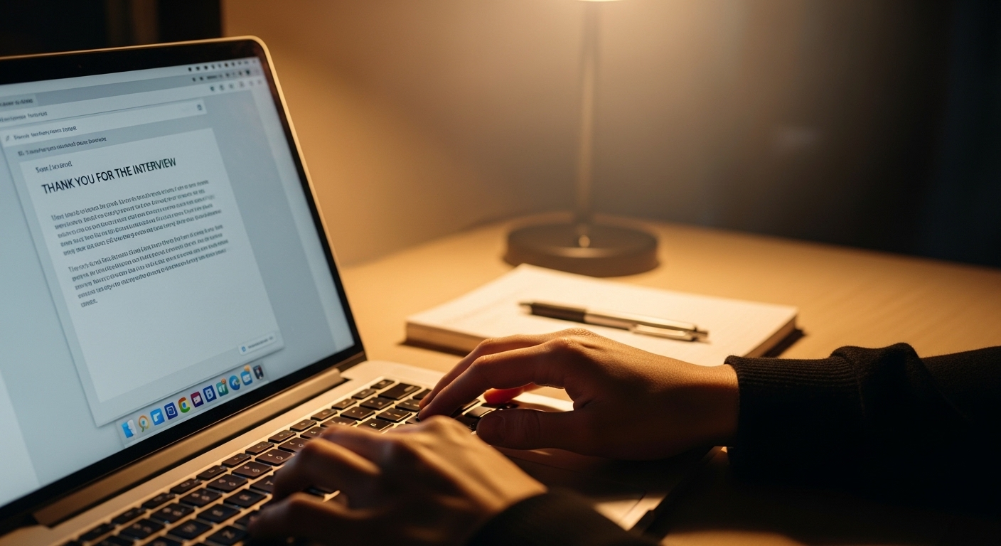 Bàn tay đang gõ email cảm ơn phỏng vấn trên laptop, màn hình hiển thị tiêu đề 