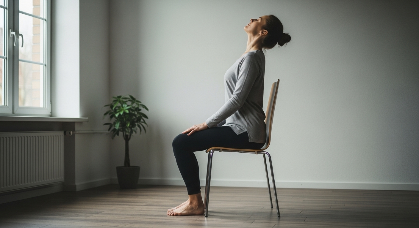 Cá nhân đang luyện tập tư thế ngồi chuyên nghiệp với lưng thẳng, vai thư giãn, tay đặt trên đùi trong căn phòng yên tĩnh, đủ ánh sáng.