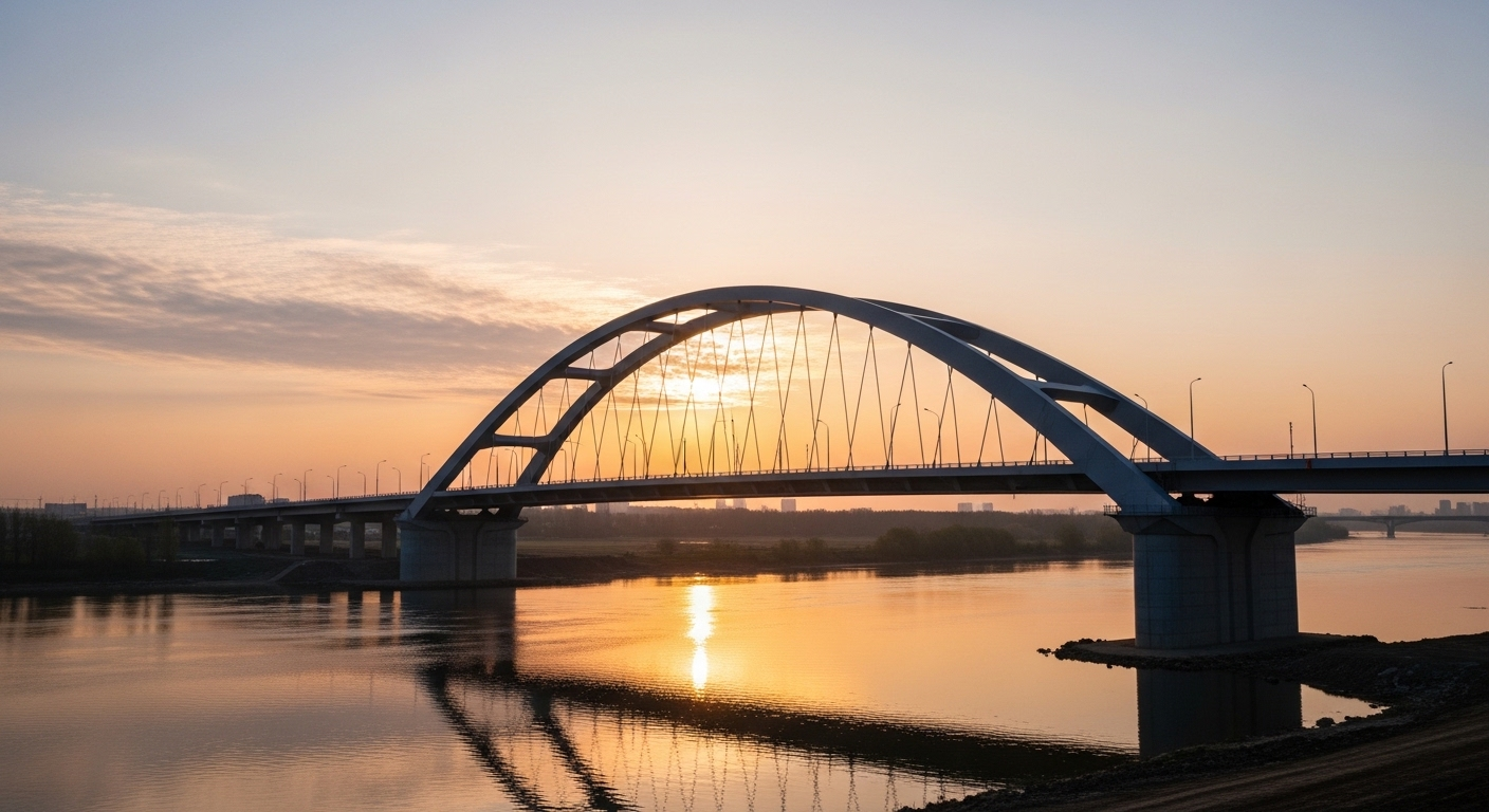 Cây cầu hiện đại, vững chãi vươn mình qua sông êm đềm lúc bình minh, biểu tượng cho sự kiên cường và xây dựng bền vững giữa những biến động như layoff ngành công nghệ.