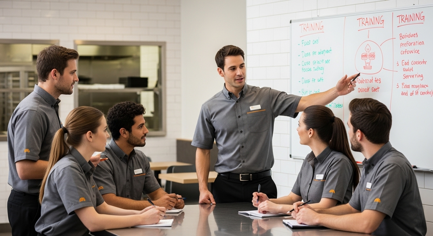 Nhóm nhân viên đa dạng của KFC trong đồng phục sạch sẽ đang được quản lý đào tạo chuyên nghiệp tại nhà hàng hiện đại, thể hiện môi trường làm việc lý tưởng cho KFC tuyển dụng 2025.