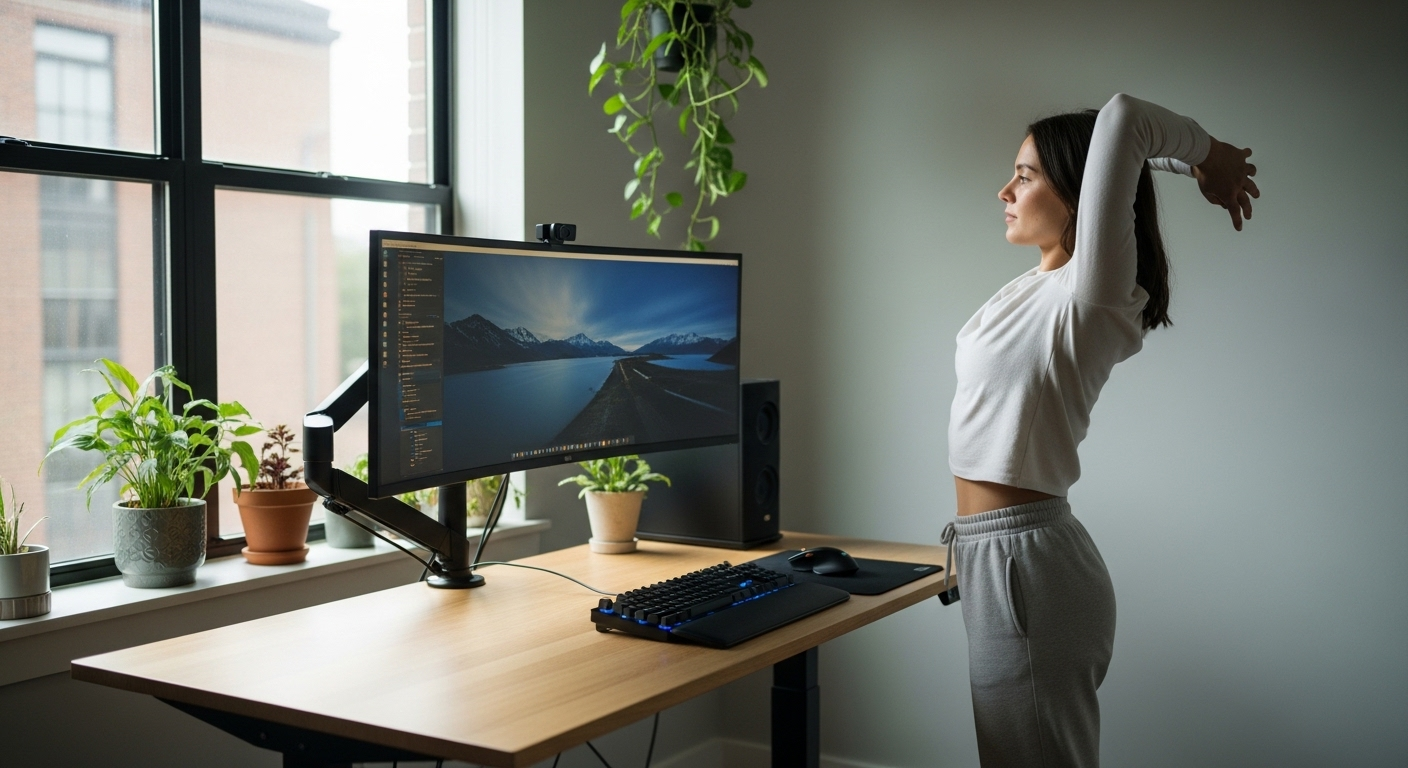 Một người đang vươn vai thư giãn tại bàn làm việc công thái học với màn hình nâng cao, bàn phím chuyên nghiệp và ánh sáng tự nhiên. Đây là môi trường lý tưởng để làm việc từ xa hiệu quả.