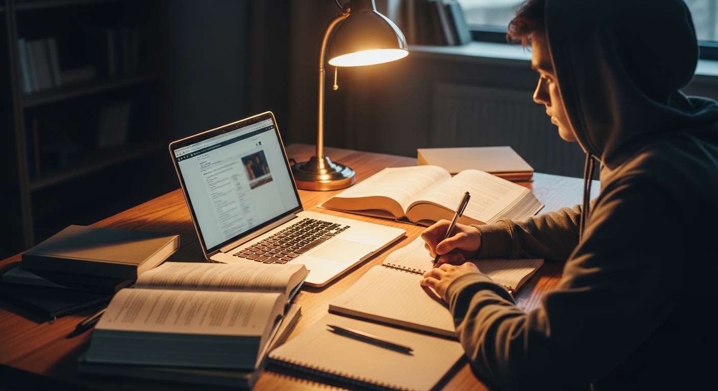 Sinh viên tập trung nghiên cứu trên laptop, ghi chép cẩn thận từ sách giáo trình, phát triển kỹ năng quan trọng cho nhiều cơ hội, bao gồm cả việc làm online cho sinh viên.