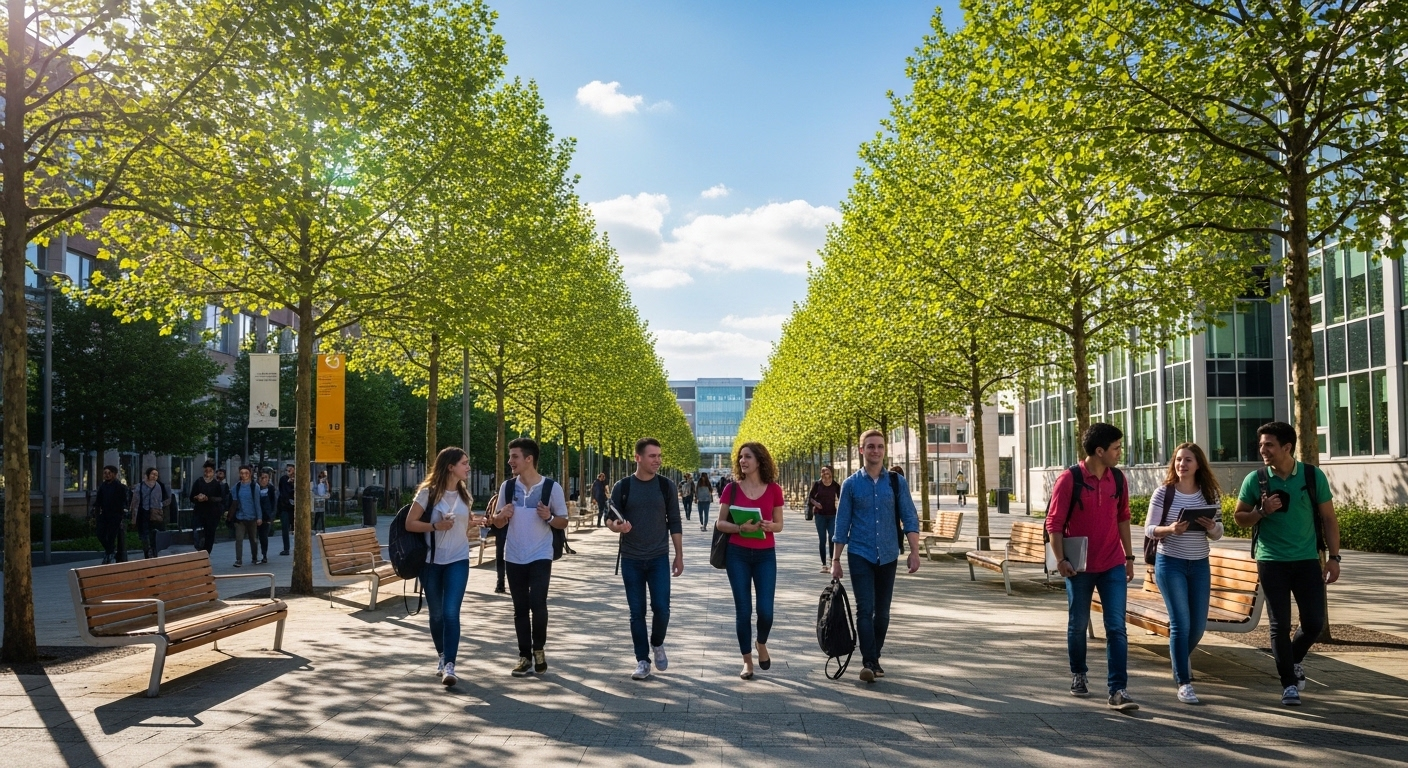 Sinh viên năng động đi bộ và trò chuyện trên lối đi chính của một trường đại học tốt nhất Hà Nội, với hàng cây cổ thụ, ghế đá hiện đại dưới ánh nắng dịu nhẹ.